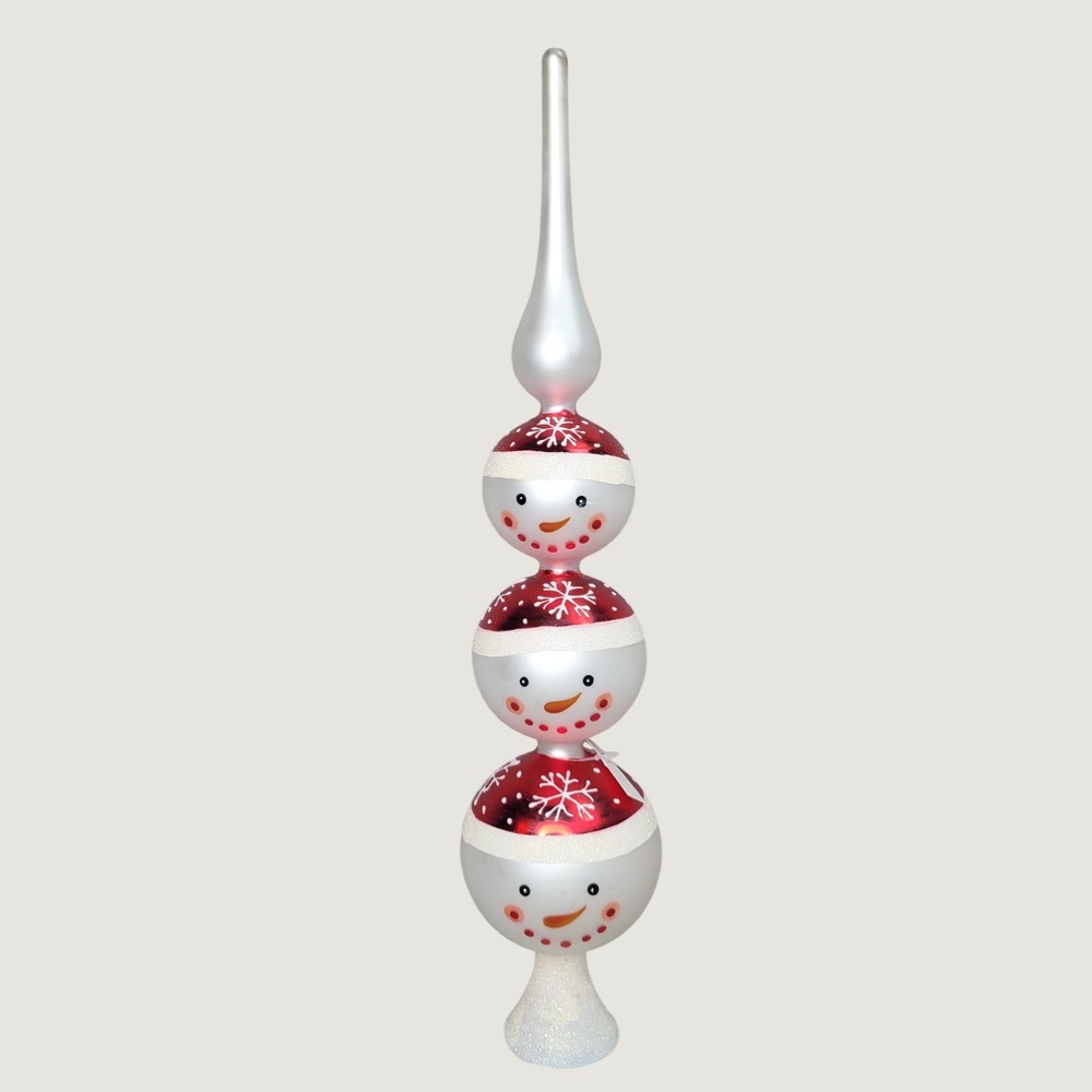 Snowman Christmas Tree Topper Glass Triple Stacked Finial Red White Glitter 16in
